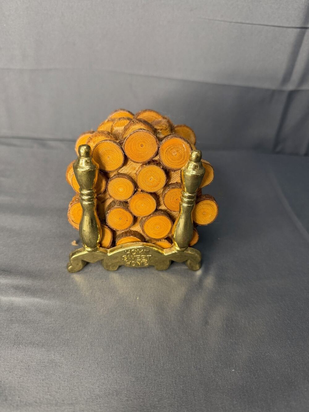 Vintage Enesco "Home Sweet Home" Log Coaster (6) Set & Holder